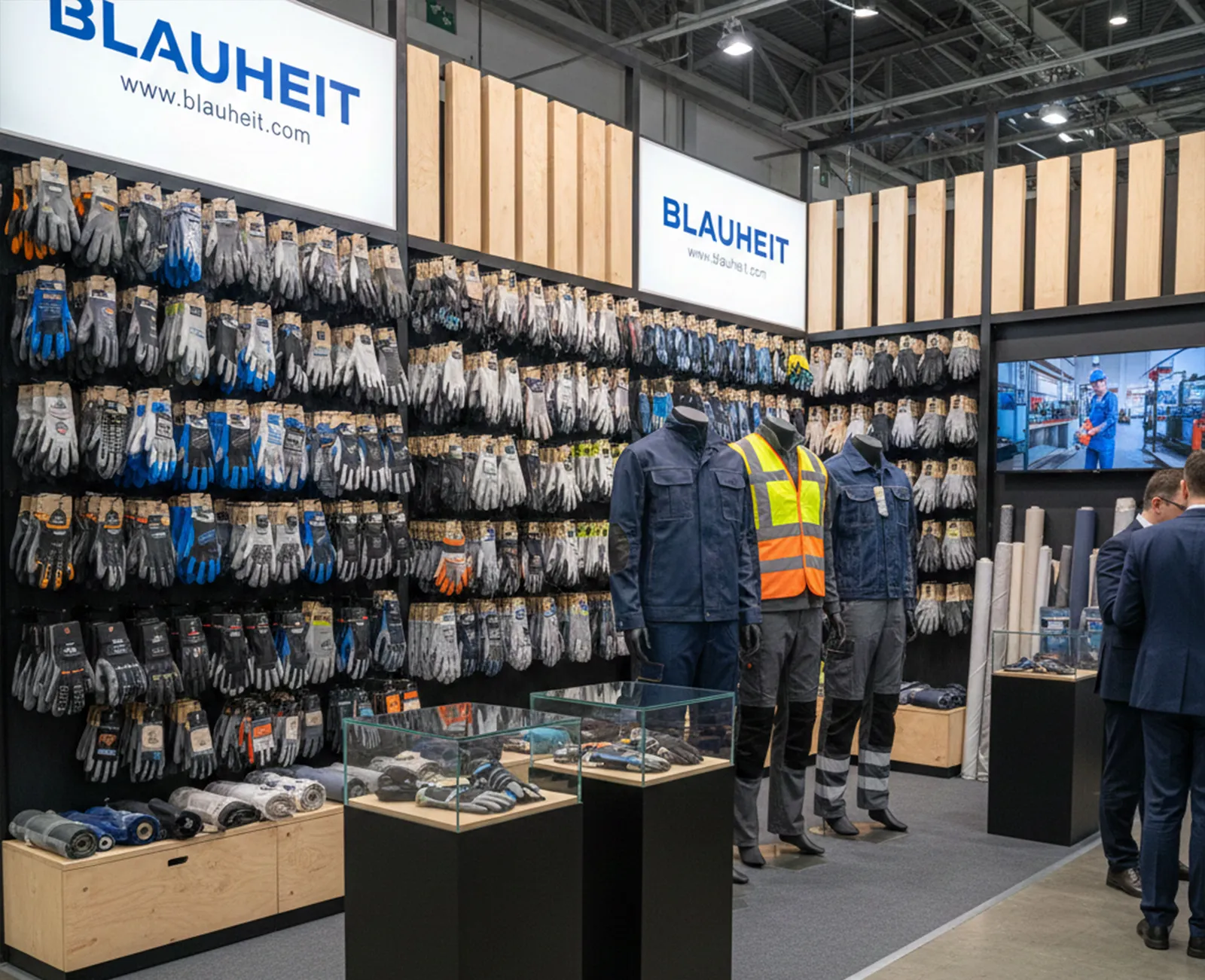 Blauheit exhibition stand presenting the glove range and workwear on mannequins
