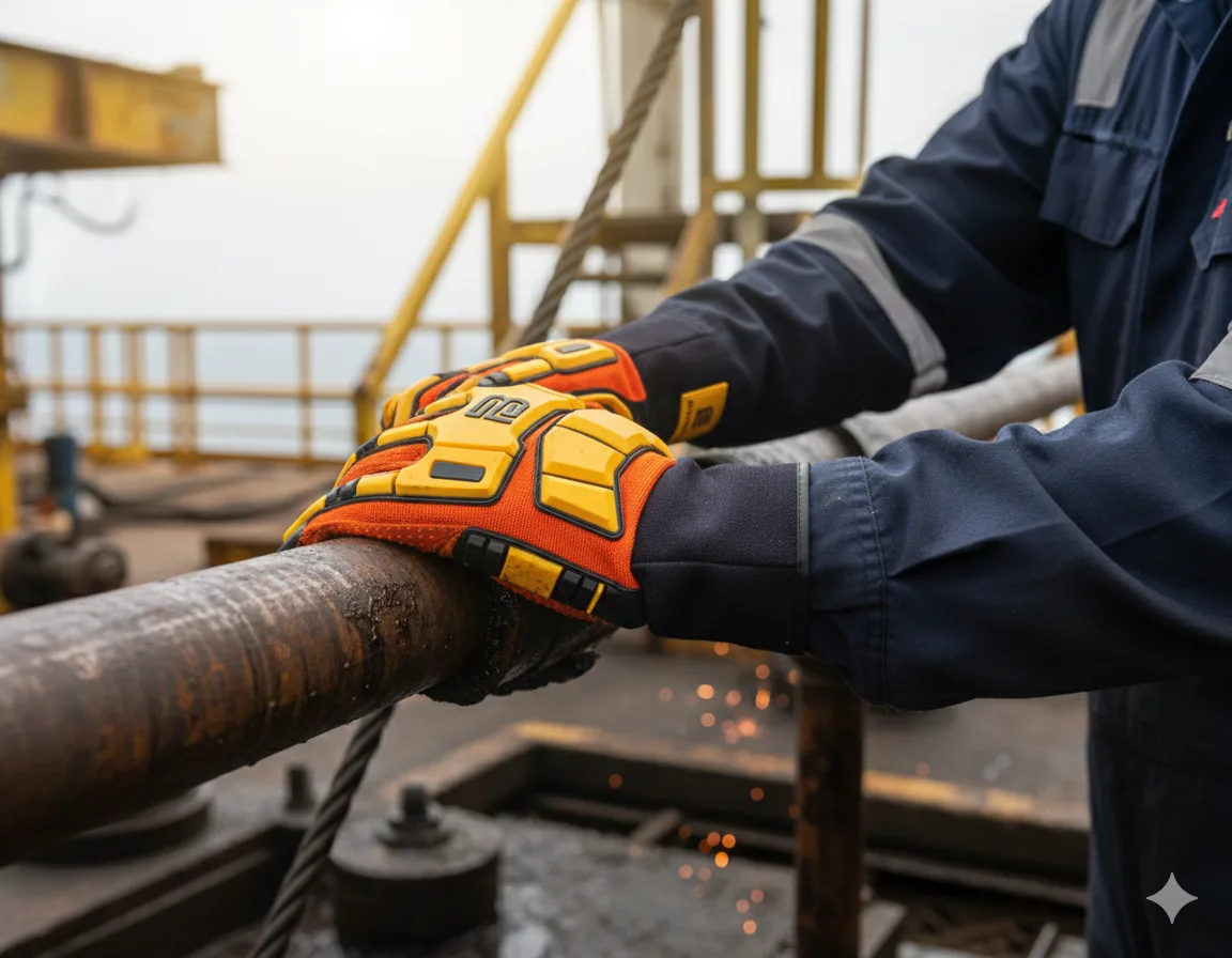 Worker wearing Blauheit impact gloves handling a steel pipe on an offshore-style rig