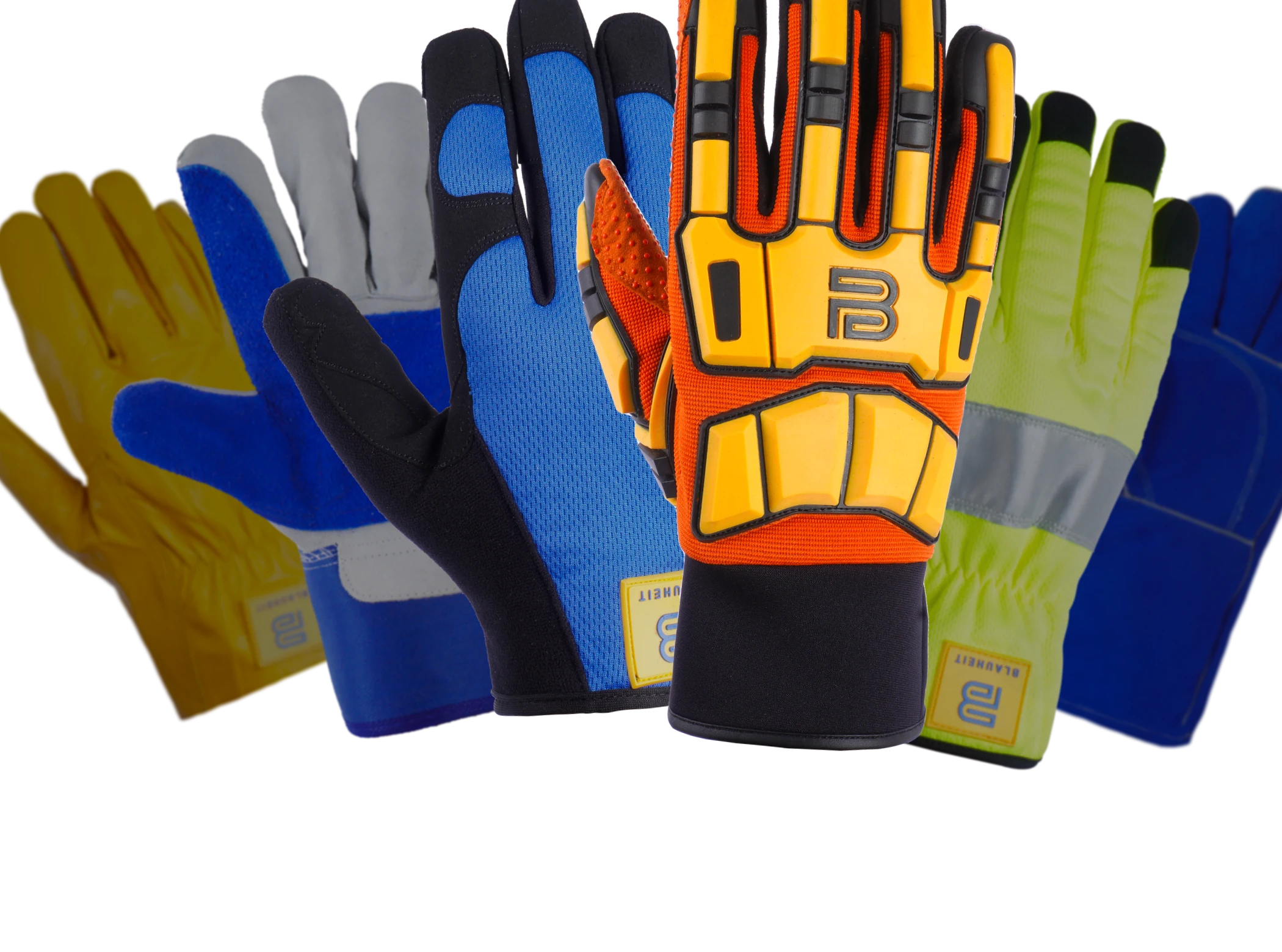 Six gloves from the Blauheit range fanned in depth — impact, mechanic, rigger, hi-vis winter, welding and leather safety gloves