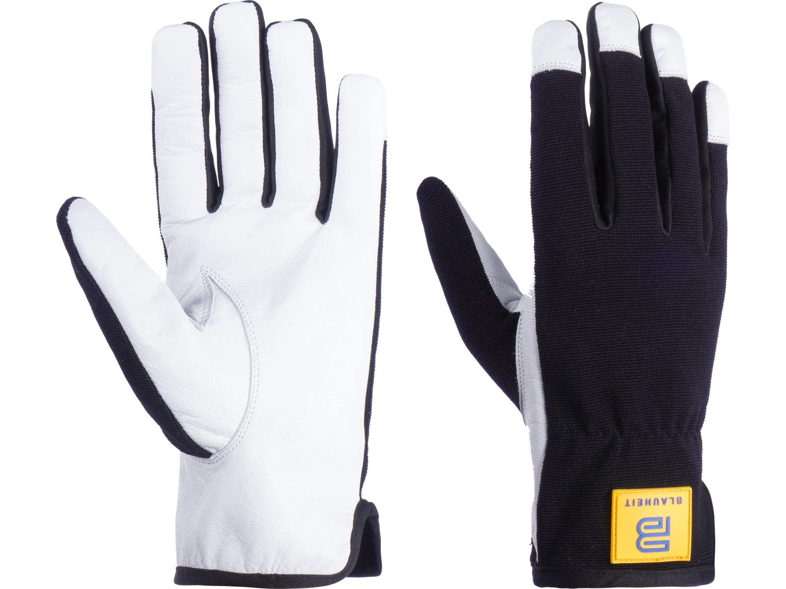 Blauheit assembly gloves with white cow leather palm and black stretch fabric back