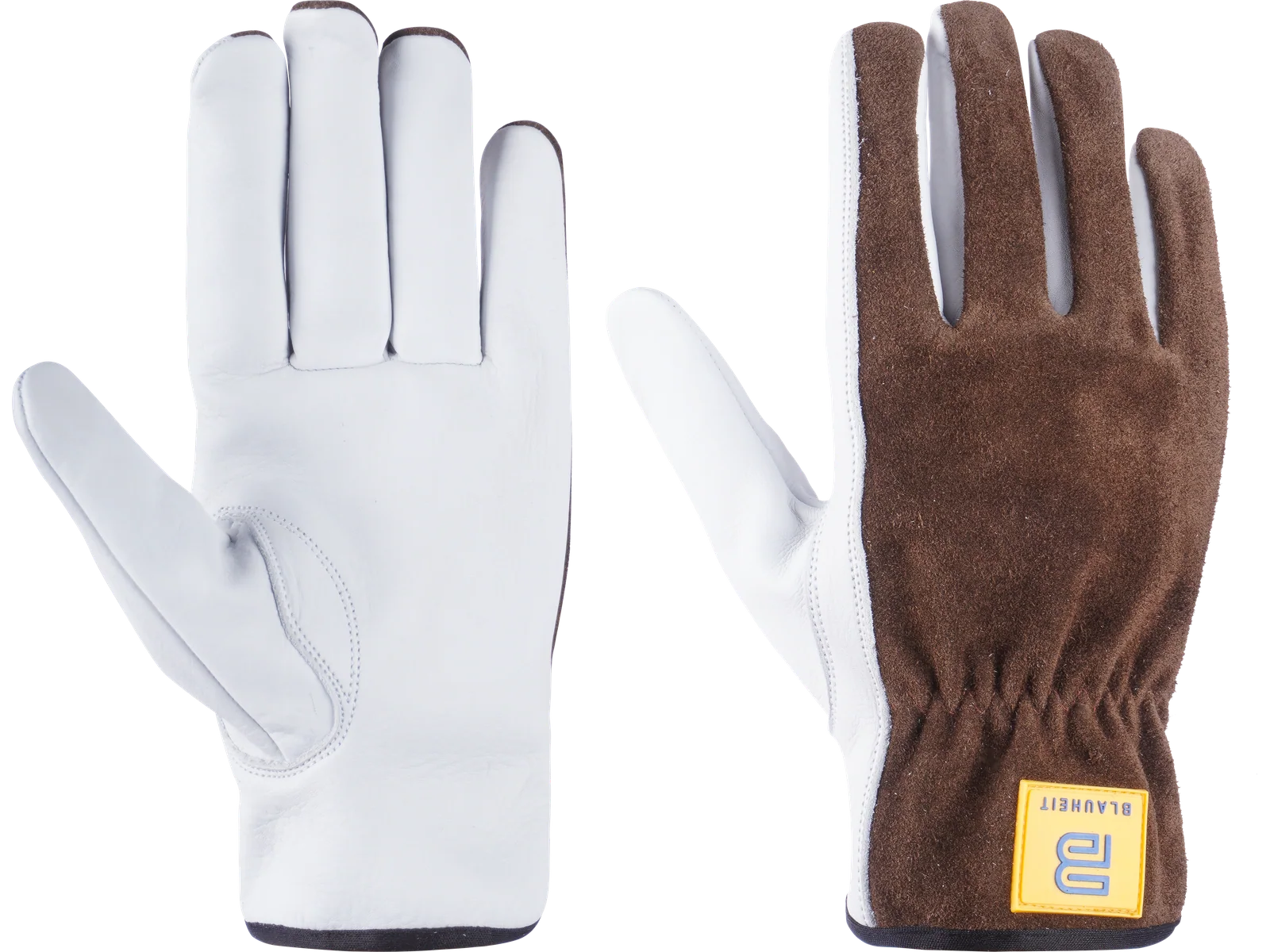 Blauheit cow grain rigger gloves with white grain leather palm and brown split leather back