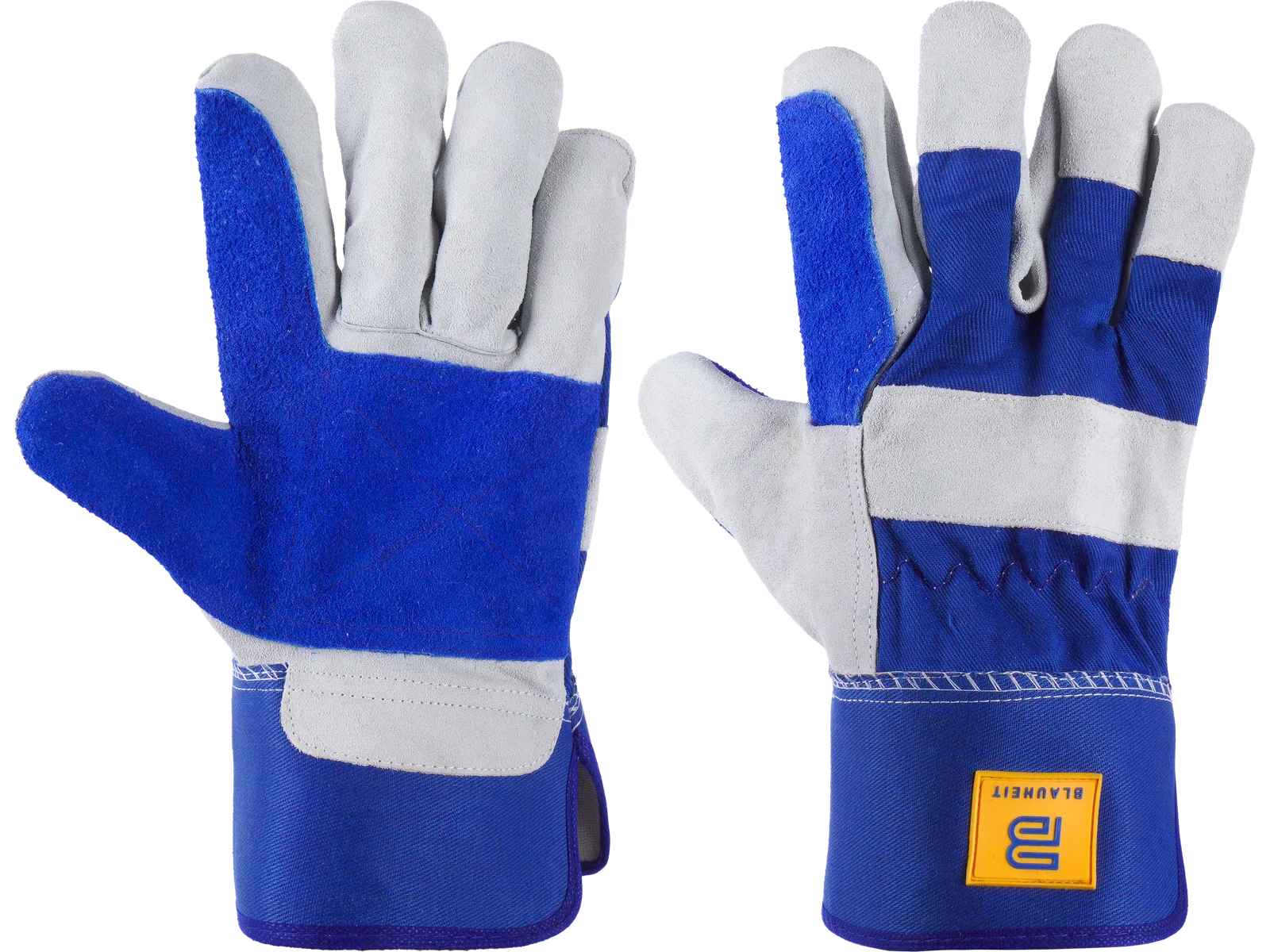 Blauheit double palm rigger gloves with blue denim back and grey split leather palm and safety cuff