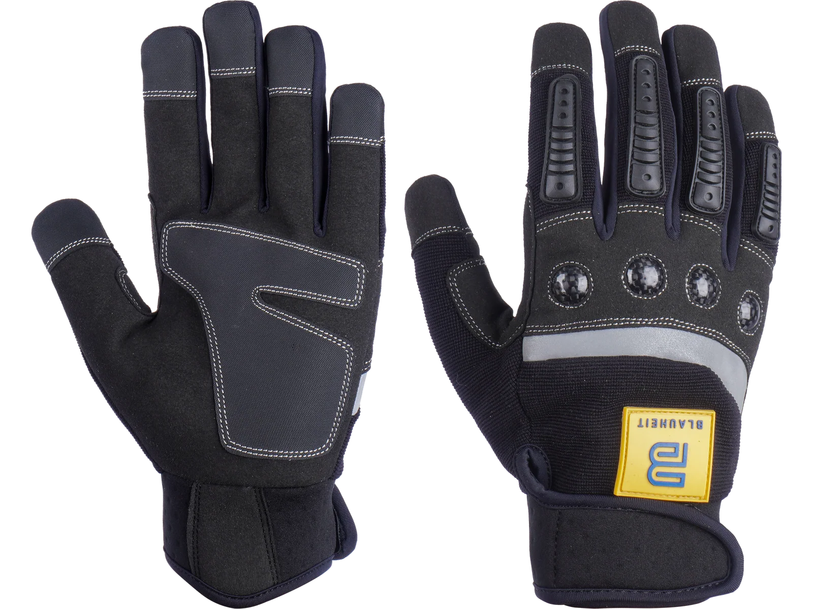 Blauheit black tactical duty gloves with carbon fibre knuckle guards, rubber finger protection and reflective strip