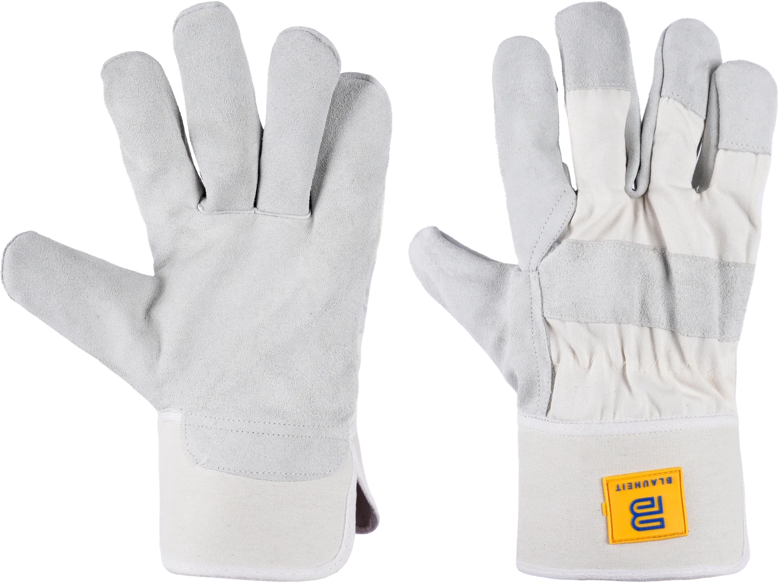 Blauheit hard work gloves with grey split leather palm, white fabric back and leather fingertips