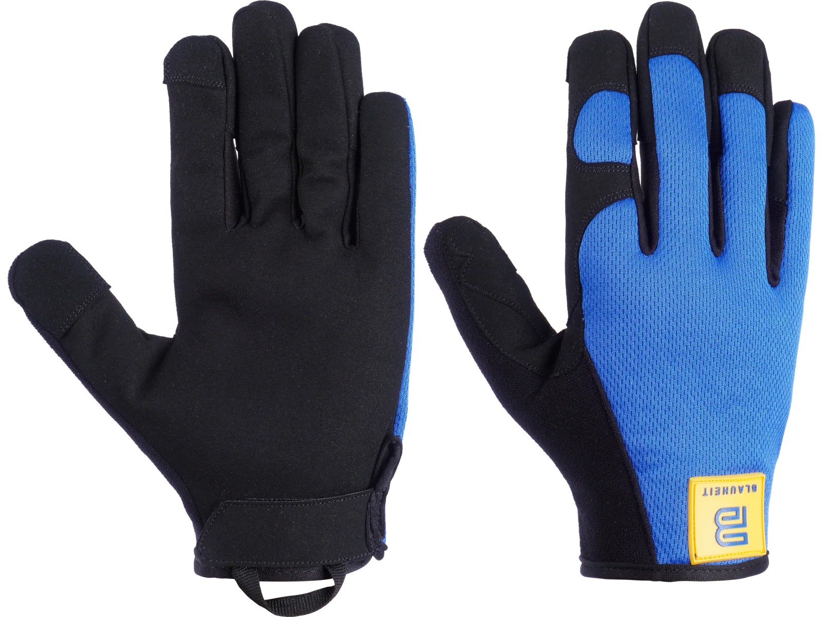 Blauheit black and blue mechanic gloves with Amara palm, stretch mesh back and Velcro wrist
