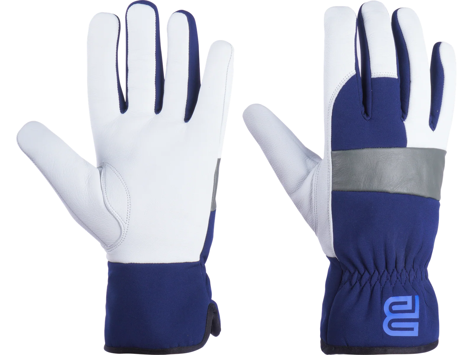 Blauheit TIG MIG welding gloves with white cow leather palm, blue stretch back and grey reinforcement band