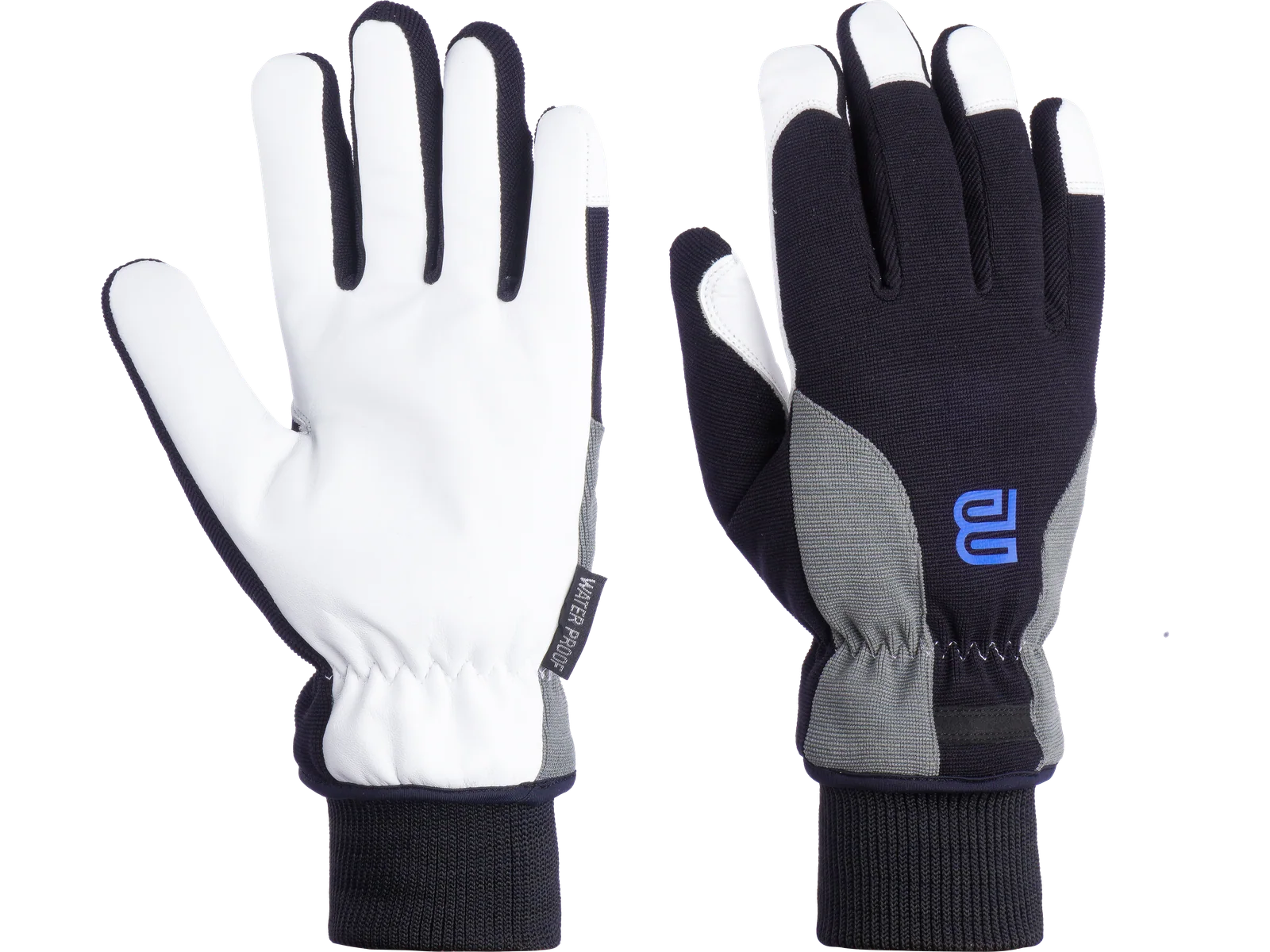 Blauheit waterproof winter gloves with white cow leather palm, black and grey stretch back and knit cuff