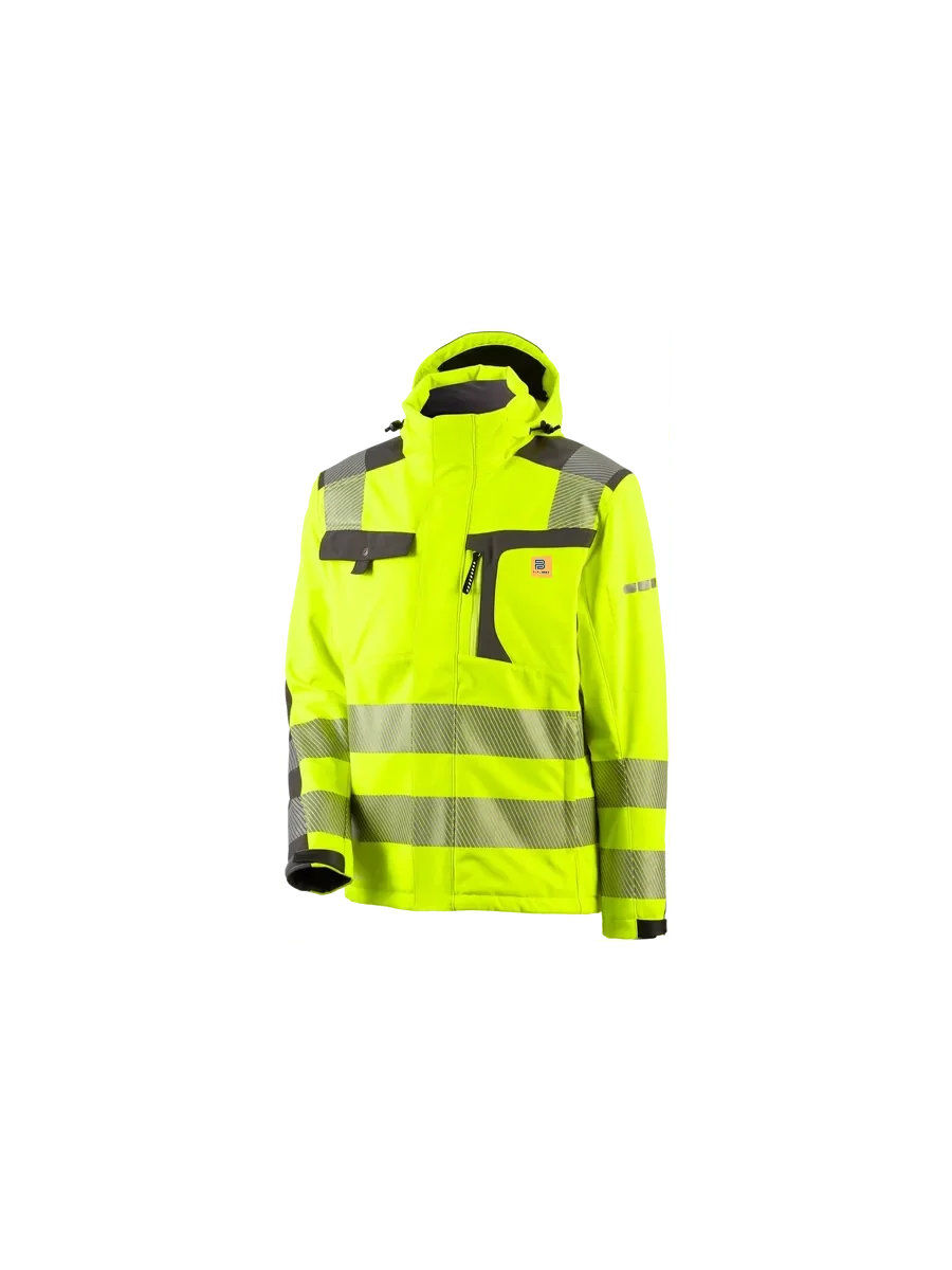 Blauheit high-visibility yellow softshell work jacket with grey reflective bands, hood and chest pockets