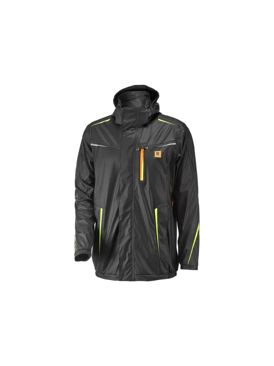 Blauheit black rain jacket with hood, orange zip and hi-vis yellow accents