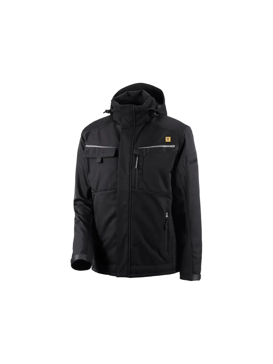 Blauheit black softshell work jacket with hood, reflective piping and multiple zipped pockets