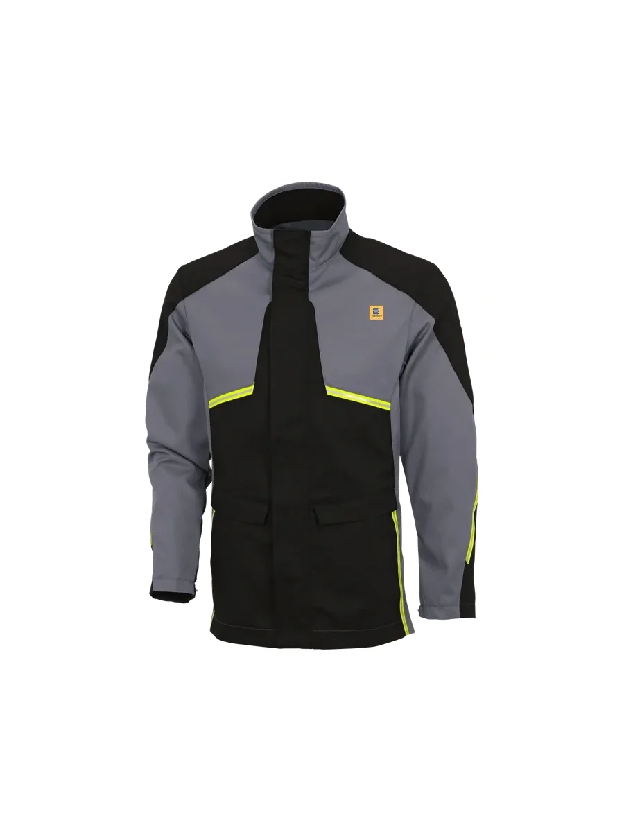 Blauheit black and grey working jacket with hi-vis yellow piping and stand collar