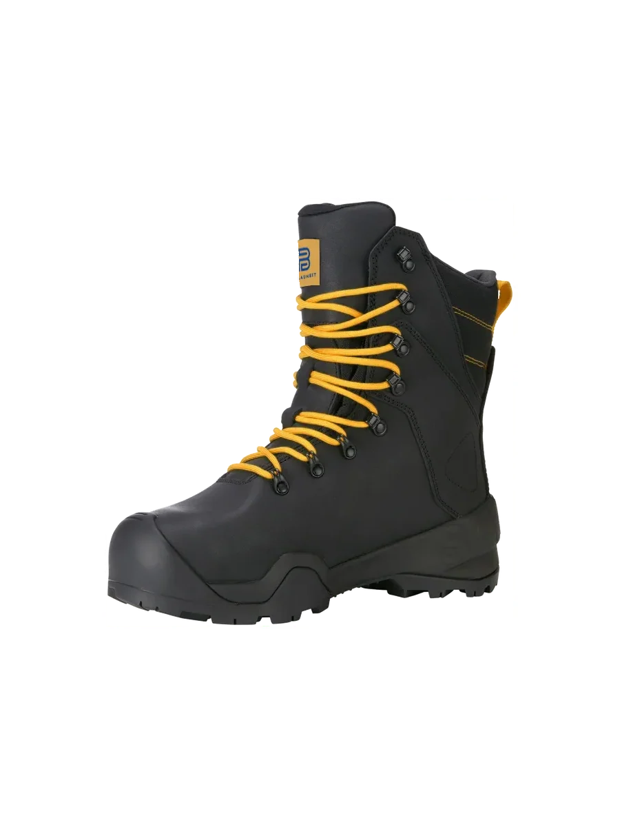 Blauheit black high-leg leather safety boot with yellow laces and rugged outsole