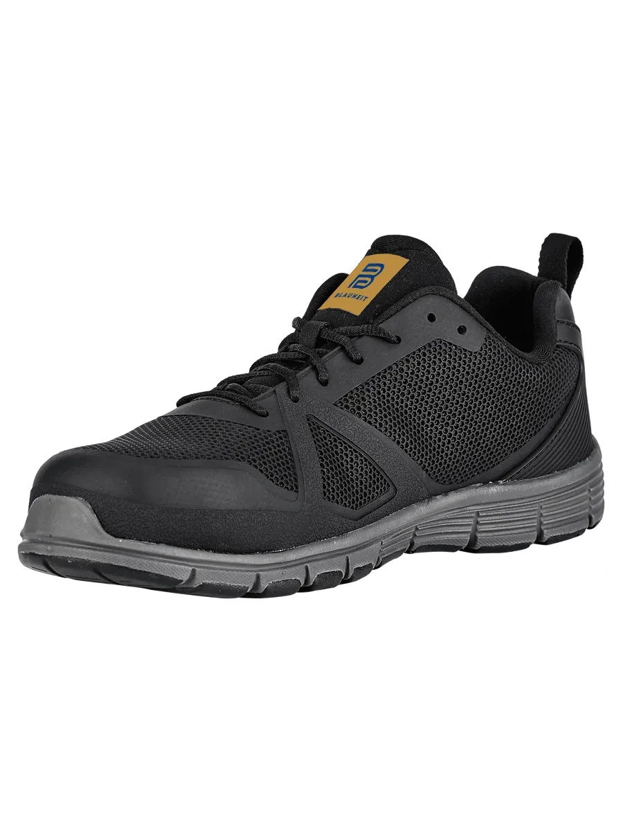 Blauheit black lightweight athletic-style safety shoe with mesh upper and grey outsole