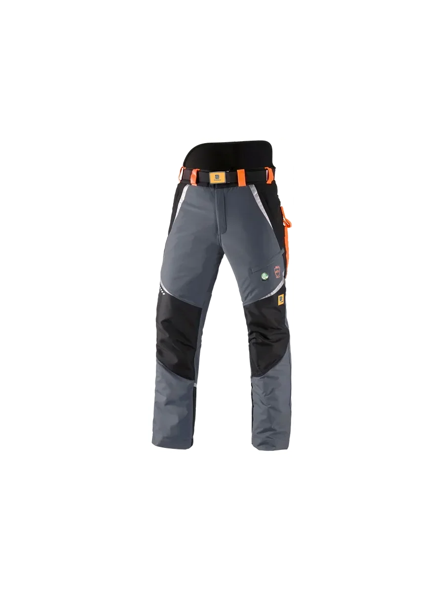 Blauheit grey and black chainsaw trousers with orange details and reinforced front panels