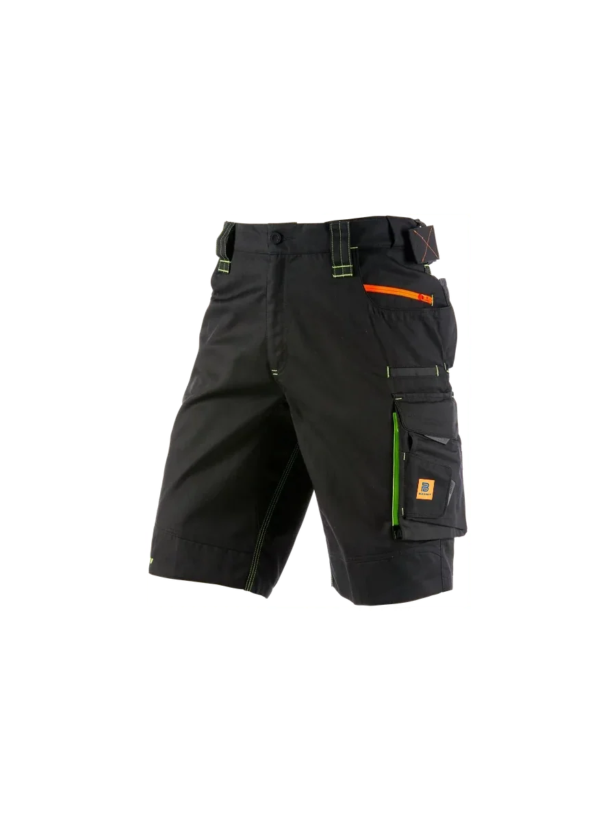 Blauheit black work shorts with orange zip pocket, cargo pocket and hi-vis stitching